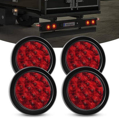 Nilight 4PCS 4" 12LED Red Round Stop Brake Turn Tail Lights w/Surface Mount Grommet Plugs IP67 Trailer Light for Truck RV
