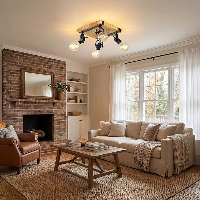 Farmhouse Flush Mount Ceiling Light with Pull Chain,4-Light Directional Ceiling Spotlight Rustic Track Light Kits, Wood Pull String Light Fixtures for Kitchen Bathroom Bedroom Hallway