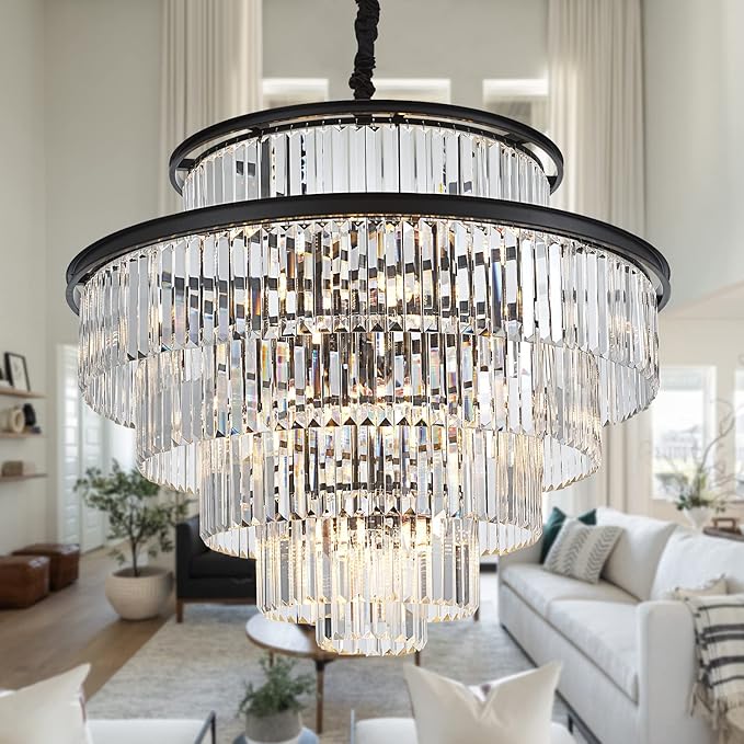 35" 24-Light Modern Crystal Chandelier Light Fixture Large 6-Tier Black Luxury Chandeliers for Dining Room Round Hanging Pendant Lighting for Living Room Kitchen Entryway Bedroom Foyer Lobby