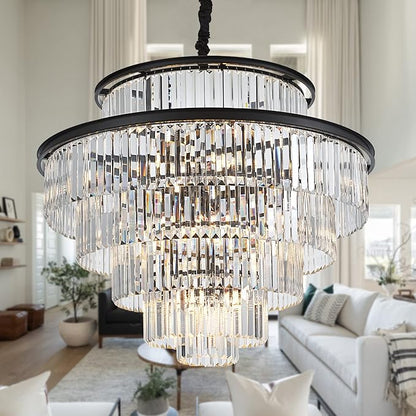 35" 24-Light Modern Crystal Chandelier Light Fixture Large 6-Tier Black Luxury Chandeliers for Dining Room Round Hanging Pendant Lighting for Living Room Kitchen Entryway Bedroom Foyer Lobby