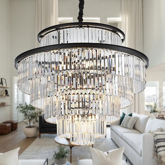 35" 24-Light Modern Crystal Chandelier Light Fixture Large 6-Tier Black Luxury Chandeliers for Dining Room Round Hanging Pendant Lighting for Living Room Kitchen Entryway Bedroom Foyer Lobby