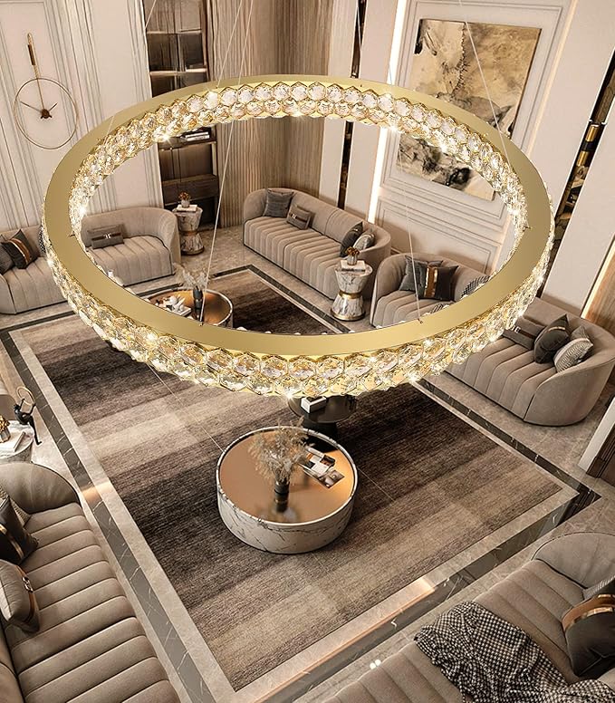 Modern Crystal Chandelier Large Ring Chandeliers for Living Room High Ceiling Chandeliers for Round LED Dimmable Ceiling Light Fixture for Foyer Lobby Bedroom Dining Room Gold