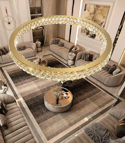 Modern Crystal Chandelier Large Ring Chandeliers for Living Room High Ceiling Chandeliers for Round LED Dimmable Ceiling Light Fixture for Foyer Lobby Bedroom Dining Room Gold
