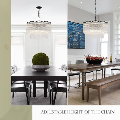 22.83" Black Clear Glass Crystal Chandelier 8-Light Modern Crystal Pendant Ceiling Light Fixture 2-Tier Luxury Glass Chandeliers,for Dining Room Kitchen Island Living Room Bedroom