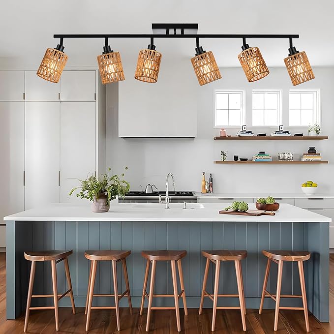 MELUCEE Ceiling Track Lighting Kits 6 Light Farmhouse Bathroom Light Fixtures with Flexibly Rotatable Light Head, Black Spotlights with Rattan Lamp Shade for Hallway Porch Foyer Bath