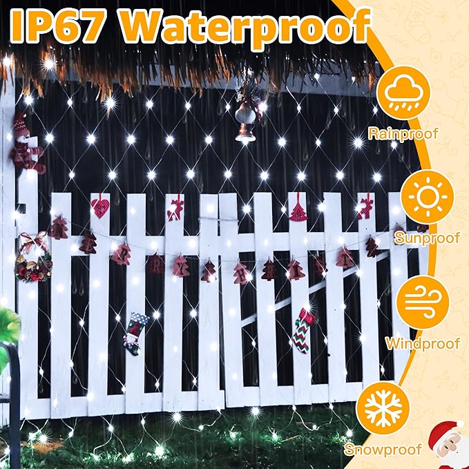 Ollny Net Lights Outdoor Mesh Lights IP67 Waterproof, 210LED 10x7ft Cool White Christmas Net Lights, Connectable Remote 8 Modes Tree Light for Bushes Shrubs Lawn Indoor Decorations