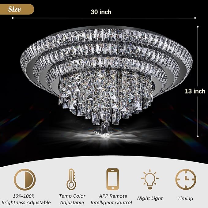 30 inch Crystal Flush Mount Black Chandelier, Modern Raindrop LED Ceiling Light, 3CCT Dimmable & Brightness Adjustable,Remote/APP ,Elegant Chandeliers for Bedroom Hallway Dinning Room Living Room