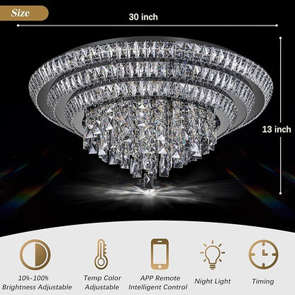 30 inch Crystal Flush Mount Black Chandelier, Modern Raindrop LED Ceiling Light, 3CCT Dimmable & Brightness Adjustable,Remote/APP ,Elegant Chandeliers for Bedroom Hallway Dinning Room Living Room