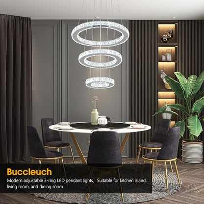 Buccleuch 3-Ring Crystal Chandelier, ETL-Listed Dimmable LED Pendant Light, Slope Ceiling Compatible Stainless Steel K9 Crystal Ceiling Light for Dining Room Bedroom Living Room, 6500K