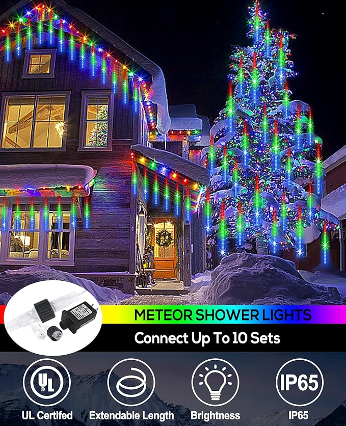 EAGWELL Meteor Shower Rain Lights 12 in 10 Tubes Drop Icicle Snow Falling Raindrop Cascading Light for Wedding Party Christmas Light Outdoor, Shine Colorful