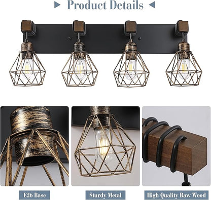 Black Gold Farmhouse Bathroom Light Fixtures, 4-Light Bathroom Lighting Fixtures Over Mirror, Rustic Wood Vanity Lights Wall Sconces with Metal Lampshade for Living Room