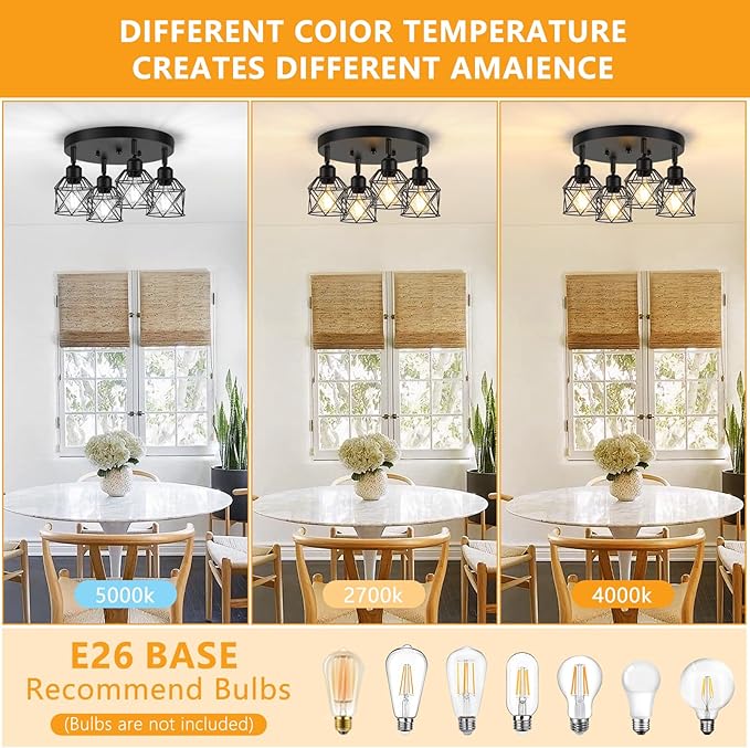 Baocuz 4-Light Kitchen Light Fixtures Ceiling Mount, Adjustable Multi-Directional Black Flush Mount Ceiling Light Fixture, Farmhouse Metal Cage Ceiling Lights for Dining Room Entryway Hallway