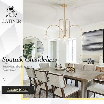 Gold Sputnik Chandelier,6 Lights Large Modern Chandelier L40”Mid Century Long Ceiling Pendant Light Fixtures for Dining Room with Clear Glass Globe Shades for High Ceiling Foyer Living Room