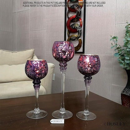 Hosley Set of 3 Crackle Purple Glass Tealight Holders 12 Inch, 10 Inch, 9 Inch Heights for Captivating Candlelight Ambiance Radiant Elegance
