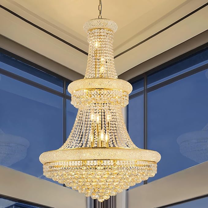 27-Lights High Ceiling Chandelier Modern Gold Crystal Chandeliers Large Foyer Chandelier Fixtures for Staircase Living Room Hallway Entryway