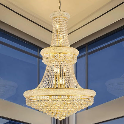 27-Lights High Ceiling Chandelier Modern Gold Crystal Chandeliers Large Foyer Chandelier Fixtures for Staircase Living Room Hallway Entryway
