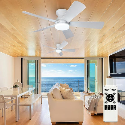 Depuley 42-Inch Ceiling Fans with Lights: Indoor/Outdoor Flush Mount Ceiling Fan with Remote Control - White 5 Blade Low Profile Fandelier for Kitchen Gazebo - Reversible Quiet Timer - 2 Packs
