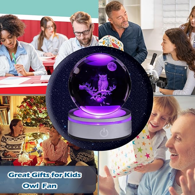 Owl Gifts, 3D 3.15 Inch (80mm) Crystal Ball Owl Lamp with Battery Powered, RGB Color Light for Birthday Xmas Cool Upgraded Owl Figurines Gifts for Room Decor Boys Girls