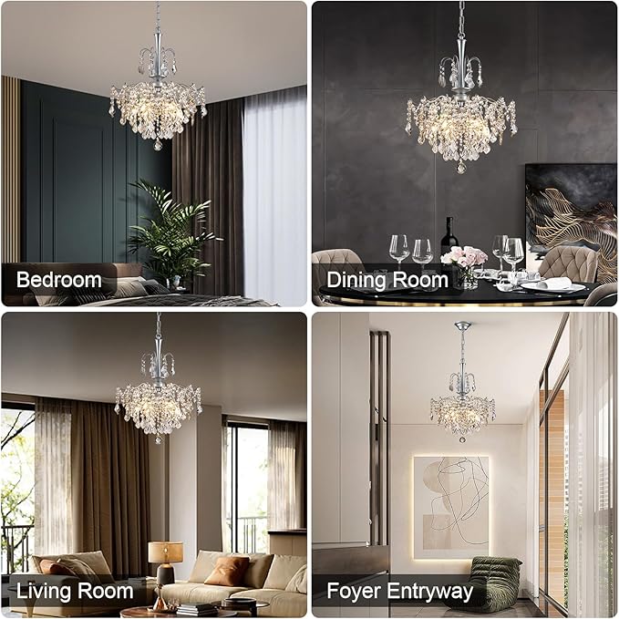 Modern Crystal Chandelier, Chrome Candle Chandeliers for Dining Room Lighting Fixtures Hanging, Kitchen Ceiling Hanging Pendant Light for Bedroom Living Room Kitchen Island Hallway