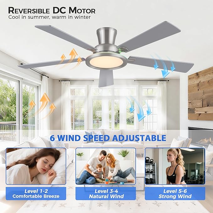 Ayaoty 52" Ceiling Fans with Lights - Flush Mount Ceiling Fan with RGB Dimmable, 3CCT 6 Wind Speeds and Reversible Quiet Motor, Low Profile RGB Fan Light for Modern Indoor, Party - Nickel RGB