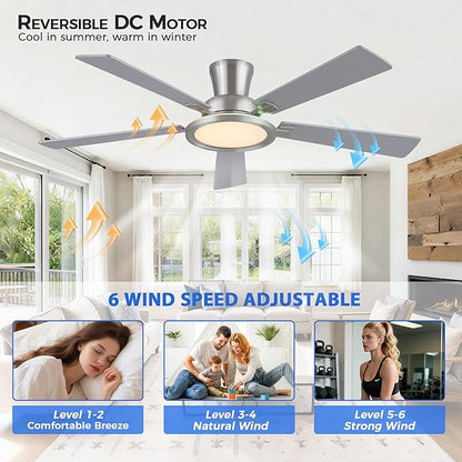 Ayaoty 52" Ceiling Fans with Lights - Flush Mount Ceiling Fan with RGB Dimmable, 3CCT 6 Wind Speeds and Reversible Quiet Motor, Low Profile RGB Fan Light for Modern Indoor, Party - Nickel RGB