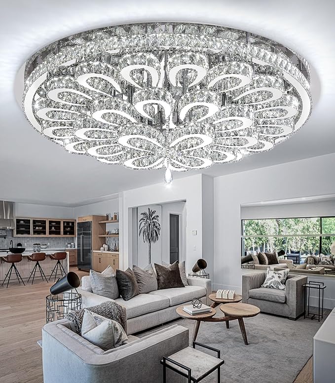 47'' Modern Crystal Chandeliers for Living Room Large Chandelier Ceiling Light Fixture LED Dimmable with Remote Flush Mount Lighting for Dining Room Bedroom Silver