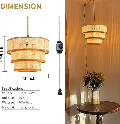 XININSUN Plug in Pendant Light Hanging Lights with15FT Plug in Cord Dimmable Rattan Hanging Lamp Wicker Woven Drum Lampshade,Rustic Boho Plug in Ceiling Light Fixture for Bedroom Living Room-1pack