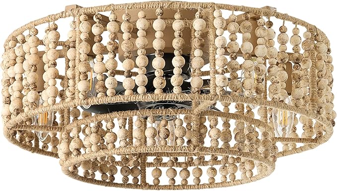 ainqiant Boho Caged Ceiling Fans with Lights, 20 Inch Rustic Wood Beaded Ceiling Fan with Light Remote Control,Coastal Flush Mount 6 Speeds for Bedroom, Nursery