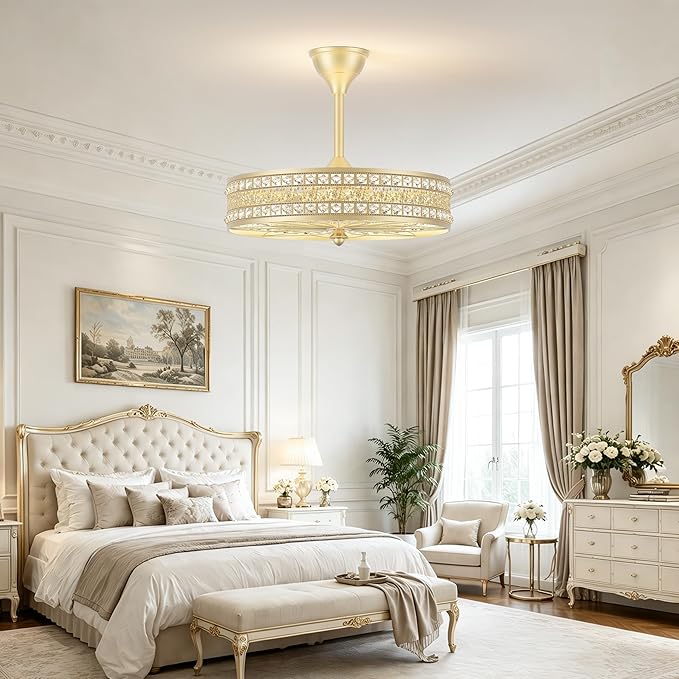 Gold Chandelier Light Fixture, 6-Light Champagne French Rococo Crystal Fandelier Ceiling Fan with Light, Coquette Decorative Bladeless Enclosed Caged Pendant for Dining Room, Bedroom, Living Room