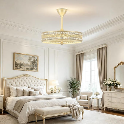 Gold Chandelier Light Fixture, 6-Light Champagne French Rococo Crystal Fandelier Ceiling Fan with Light, Coquette Decorative Bladeless Enclosed Caged Pendant for Dining Room, Bedroom, Living Room
