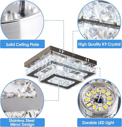 Finktonglan Crystal LED Flush Mount Ceiling Light, 11.8"×9.1" Rectangular Close to Ceiling Light, 24W 6500K Cool White Daylight, K9 Crystal & Stainless Steel, Non-Dimmable