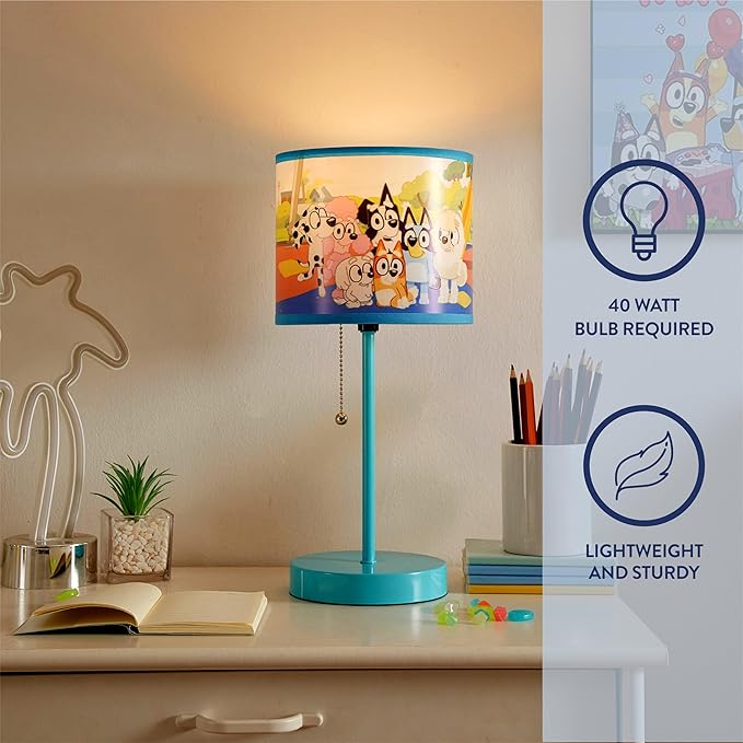 Bluey Table Lamp for Kids,Stick Lamp with Printed Shade & Pull Chain,Bedroom or Nursery Nightstand Lighting,Official Bluey Merchandise