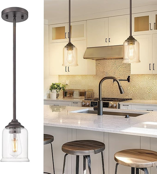 zeyu Farmhouse Pendant Light, 1-Light Pendant Light Fixtures for Kitchen Bedroom, Clear Glass Shade, Oil Rubbed Bronze Finish, ZSL104MIL ORB