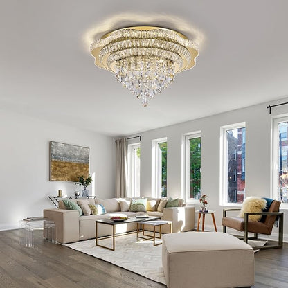 Gold 30" Modern Flush Mount Chandelier for Living Room, LED Crystal Ceiling Light for Bedroom,Elegant Dining Room Lighting Fixture with Remote Control, 3CCT Dimmable