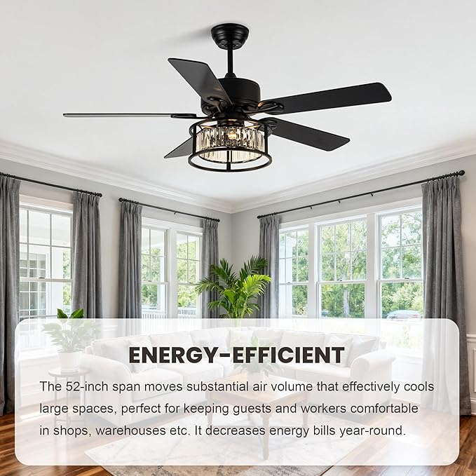 Dawn Whisper 52 Inch Chandelier Ceiling Fans with Lights and Remote Quiet and Reversible DC Motor Black Caged Modern Ceiling Fan for Bedroom Living Room