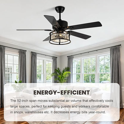 Dawn Whisper 52 Inch Chandelier Ceiling Fans with Lights and Remote Quiet and Reversible DC Motor Black Caged Modern Ceiling Fan for Bedroom Living Room