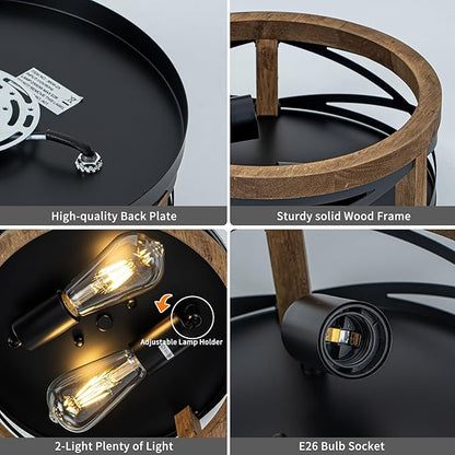 Farmhouse Ceiling Light, 2-Light Round Flush Mount Ceiling Light with Wood and Metal Frame, Black Rustic Light Fixture for Hallway, Entryway, Bedroom, Kitchen