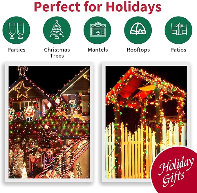 LAMPHOME Super-Bright Extendable Warm White Green red Christmas Lights Decoration 100Lights 19.6ft UL Certified Mini Bulb String Lights for Outdoor Christmas Tree Garden Patio Wedding Decor