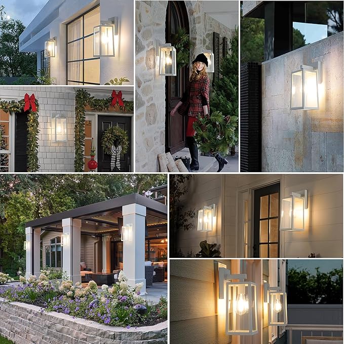MAXvolador Outdoor Wall Sconce, Exterior Waterproof Lantern Light Fixtures, White Porch Light Toughened Glass, Anti-Rust E26 Patio Lighting, 2 Pack