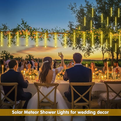 JMEXSUSS Solar Meteor Shower Lights Outdoor, 8 Tube 144 LEDs Warm White Solar Christmas Lights for Tree Eave Xmas Holiday Party Patio House Wedding Decor