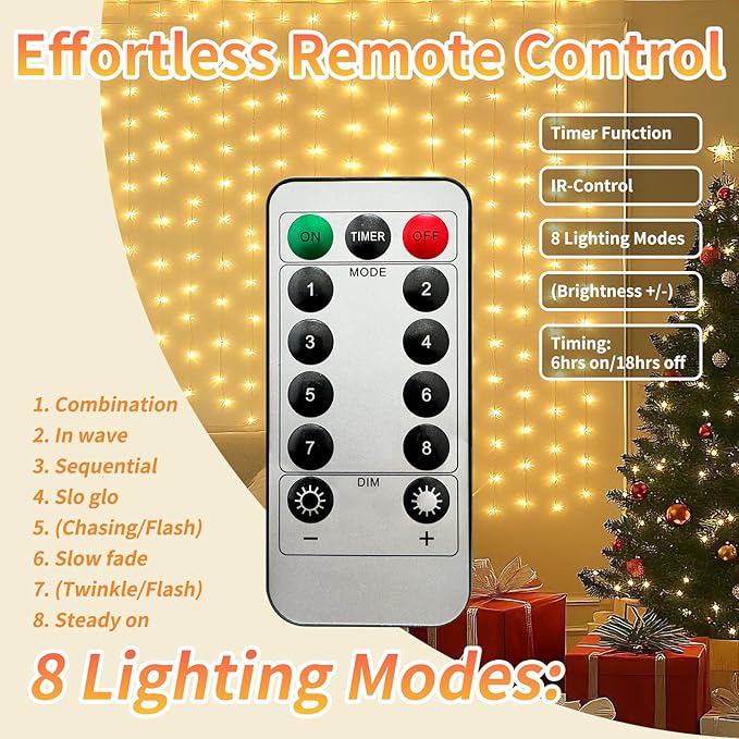 2 Pack Fairy Curtain Lights, 200 LED Upgraded Tangle-Free Hanging Lights with Remote, USB Plug in String Lights for Wall Window Wedding Party Xmas Home Décor - 6.6 x 6.6 Ft, Warm White