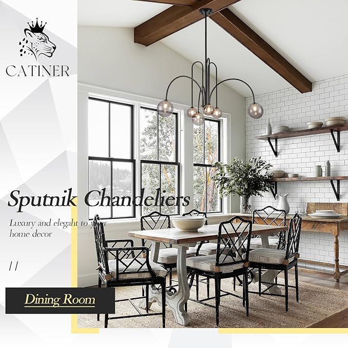CATINER Black Chandelier Modern 6 Lights Sputnik Chandelier Large L40” Mid Century Ceiling Pendant Light Fixtures with Smoke Glass Globe Shades for Living Dining Room Foyer Bedroom