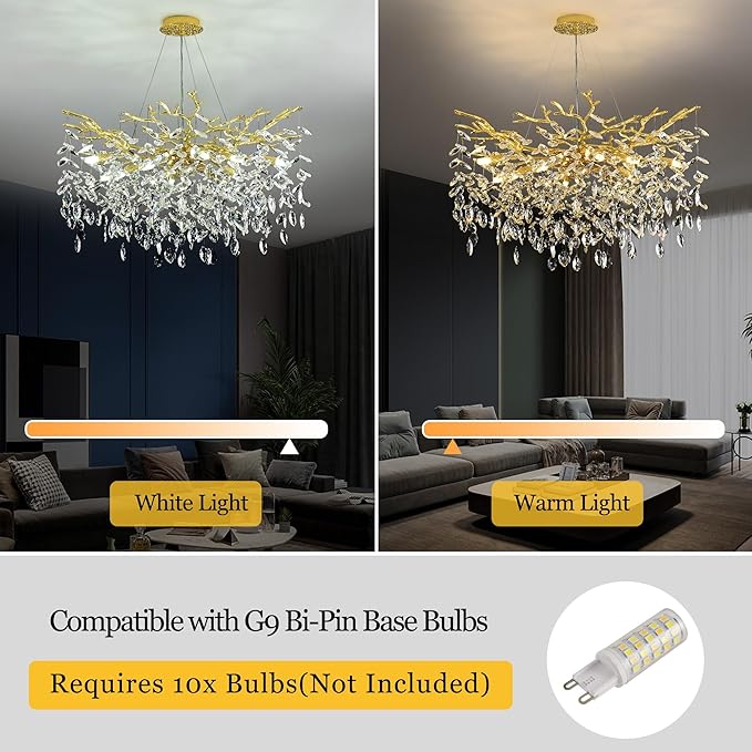 Tree Branch Chandelier Modern Crystal Pendant Light, Luxury Gold Art Deco Raindrop Lighting Fixture for Dining Room Bedroom Living Room 10 Lights D30''