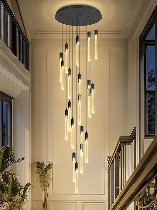 Flashing God Black 20 Lights High Ceiling Chandelier Modern Dimmable Light Fixtures Foyer Chandeliers Pendant Lighting Crystal Ceiling Chandelier Fixtures for Villa Staircase Hallway 11.5feet Long