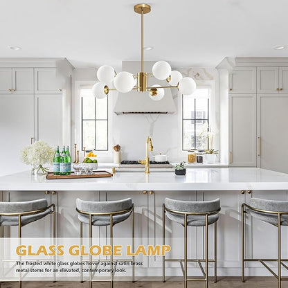 Bagood 8-Light Globe Sputnik Chandelier Gold Mid Century Modern Light Fixture Brushed Brass Finished with White Frosted Globe Glass Lampshade Sputnik Chandeliers for Dining Room Kitchen Island Bedroom