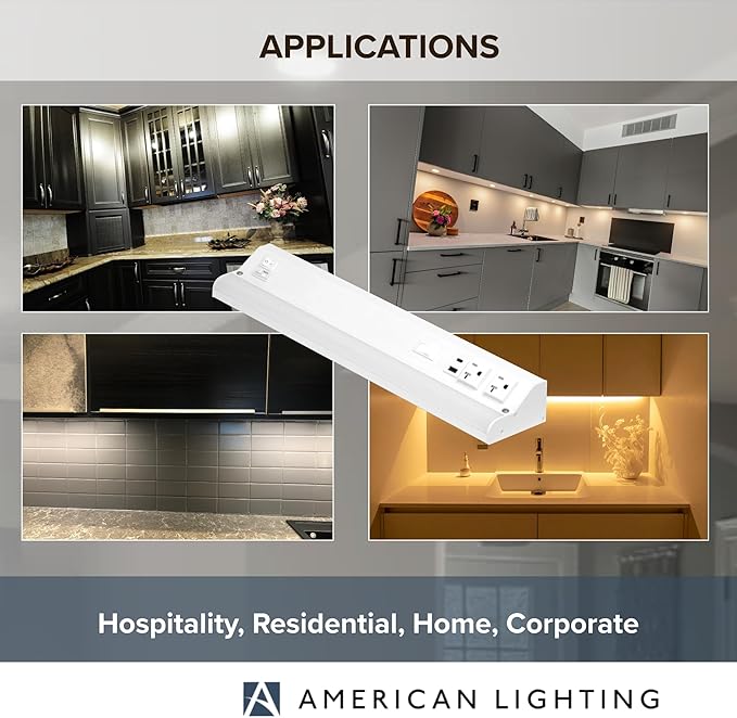American Lighting LED Courant Plus Undercabinet Light 18 Inch 5CCT 90+ CRI 1000 Lumens with USB-A USB-C and 20A Receptacles White Finish Title 24 Compliant