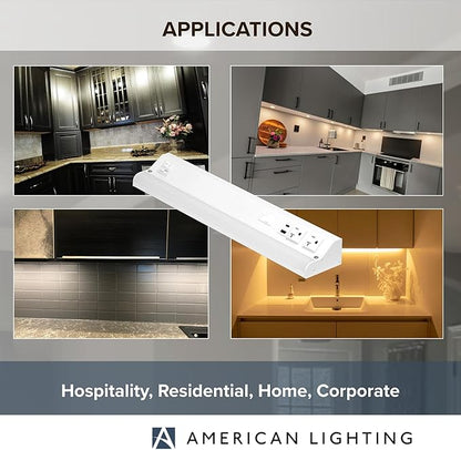 American Lighting LED Courant Plus Undercabinet Light 18 Inch 5CCT 90+ CRI 1000 Lumens with USB-A USB-C and 20A Receptacles White Finish Title 24 Compliant