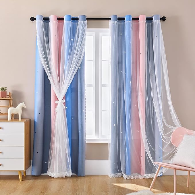 XiDi Blackout Curtains for Girls Bedroom Decor, Ideal for Kids Room with Unicorn Theme Princess Room Decor 63 inches Length Curtains 2 Panels Set Pink/Grey/Blue