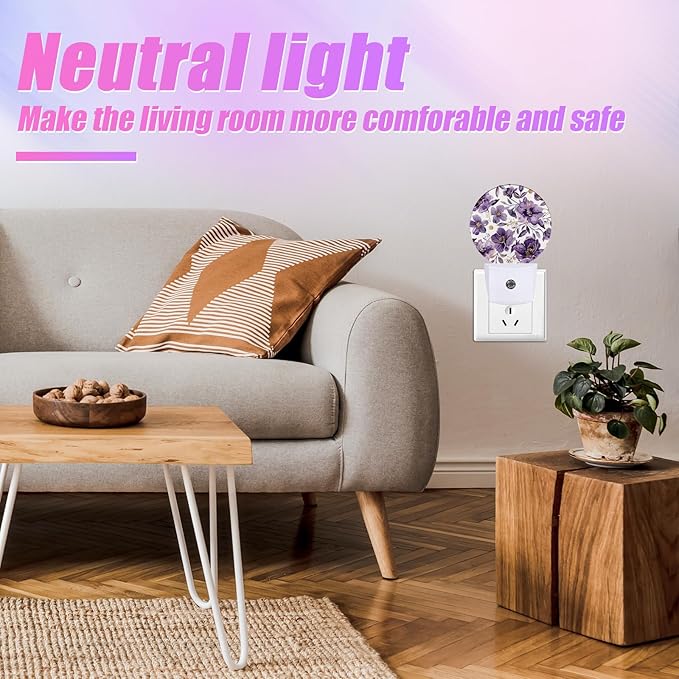 Purple Flower Night Light Watercolor Floral Night Lights LED Lamp Round Plug into Wall Nightlight with Dusk to Dawn Sensor Home Hallway Stairway Kitchen Decor
