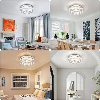 Modern Hexagon K9 Crystal LED Flush Mount Ceiling Light, 45W 3600LM 3-Color, Luxury 2-Layer Stainless Steel Chandelier for Bedroom Living Room Hallway Bathroom